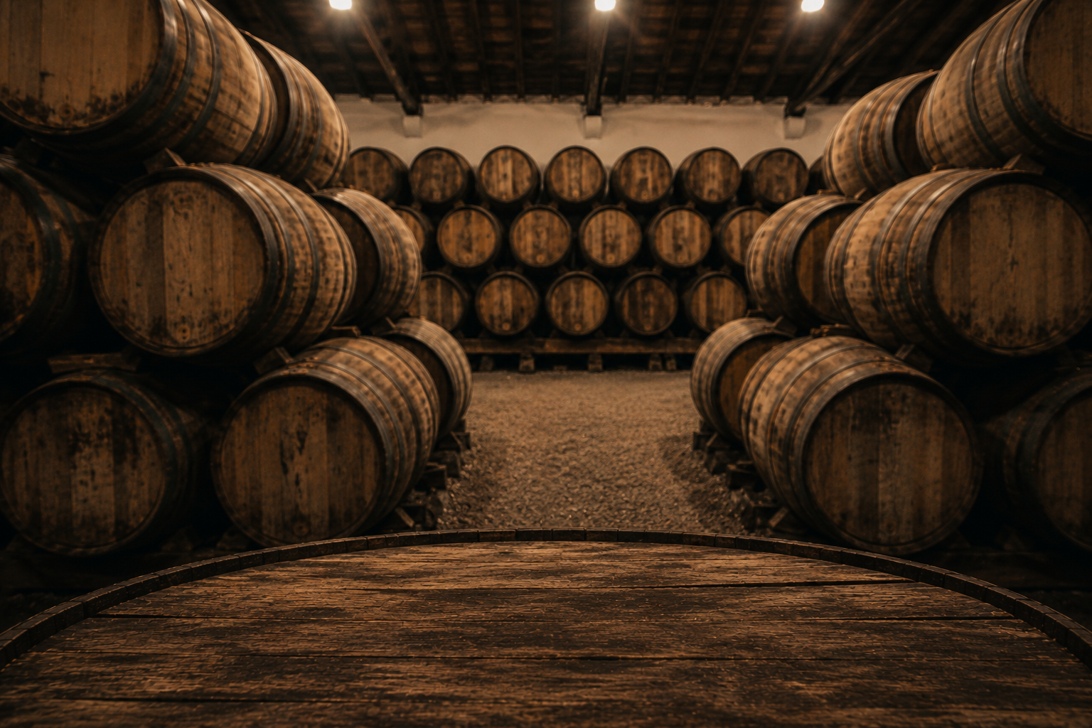 Oak casks resting in a dim cellar