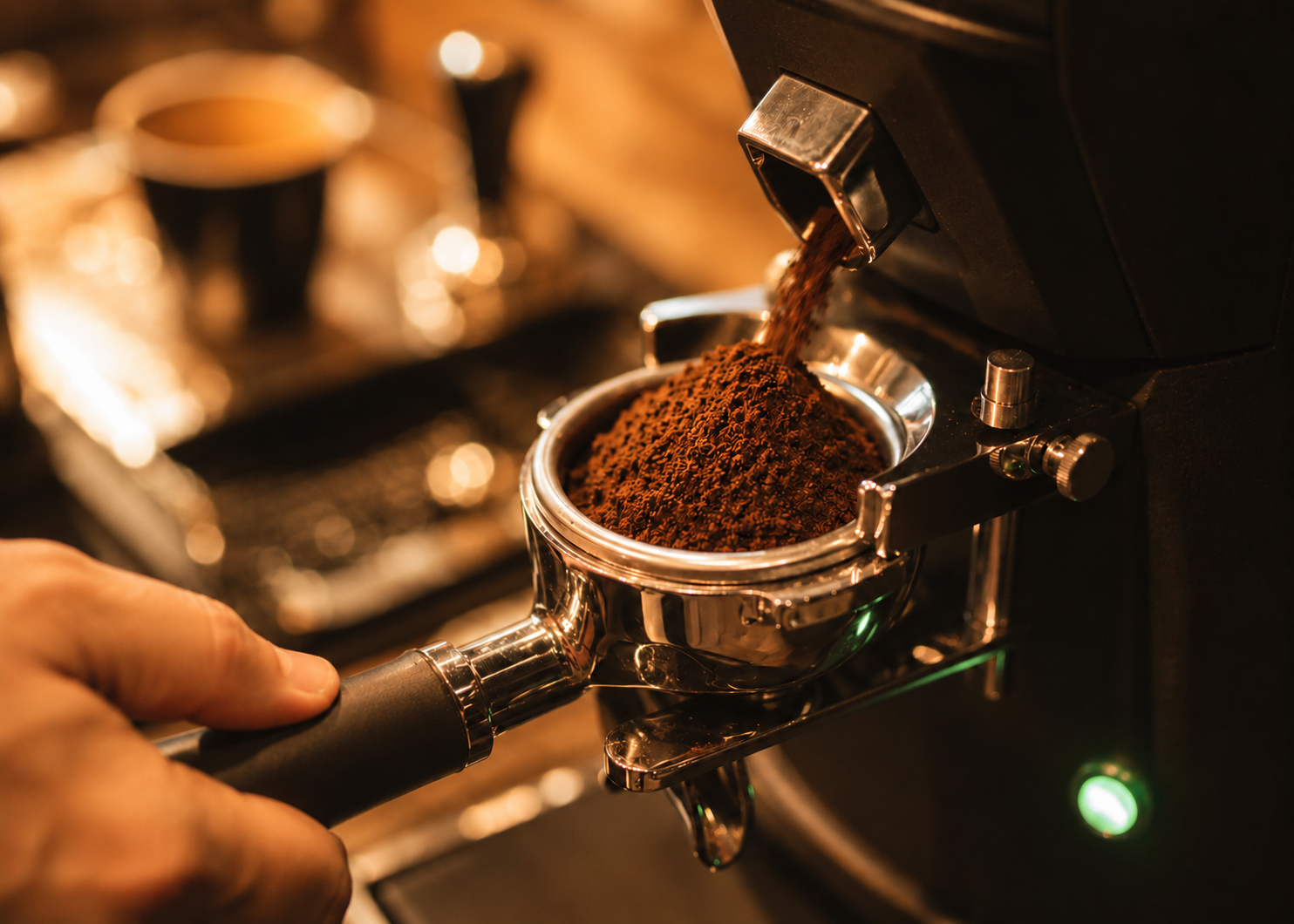 Freshly ground coffee falling from a grinder into an espresso portafilter in warm café light