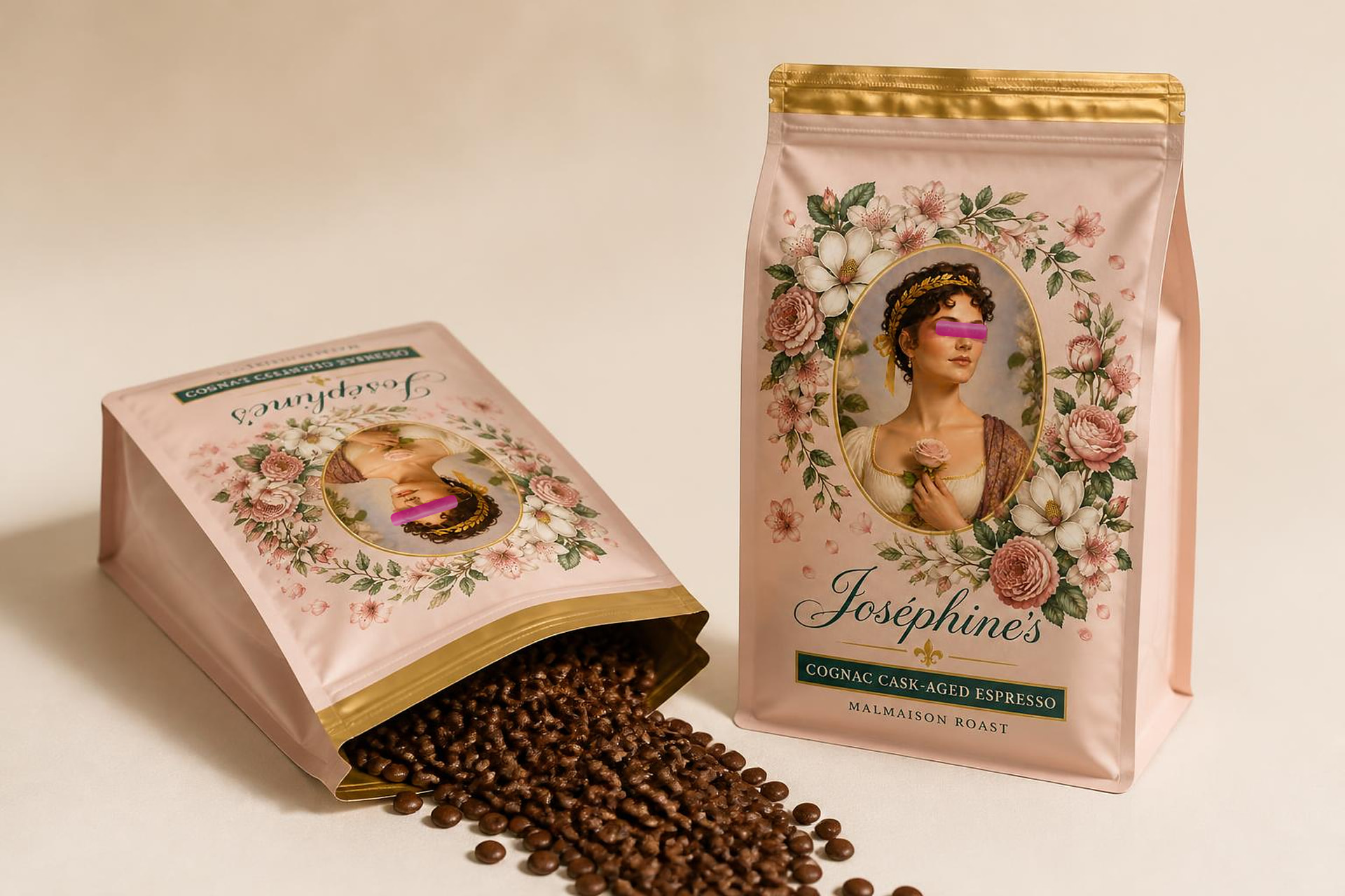 Two Joséphine’s Malmaison Roast bags on an ivory surface, one open with roasted beans spilling out