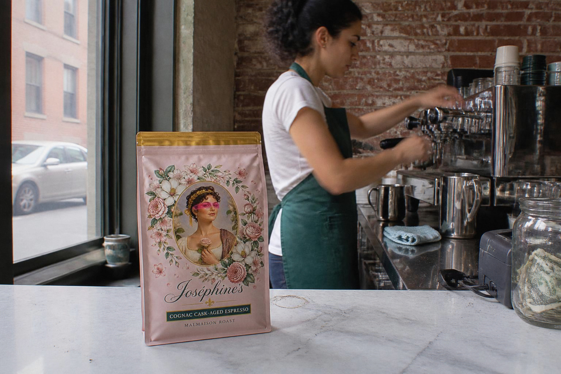 A barista in a green apron at the espresso machine, a Joséphine’s bag on the marble counter