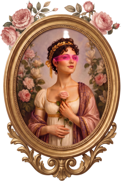 Portrait of Empress Joséphine holding a pink rose, framed in an oval gold border